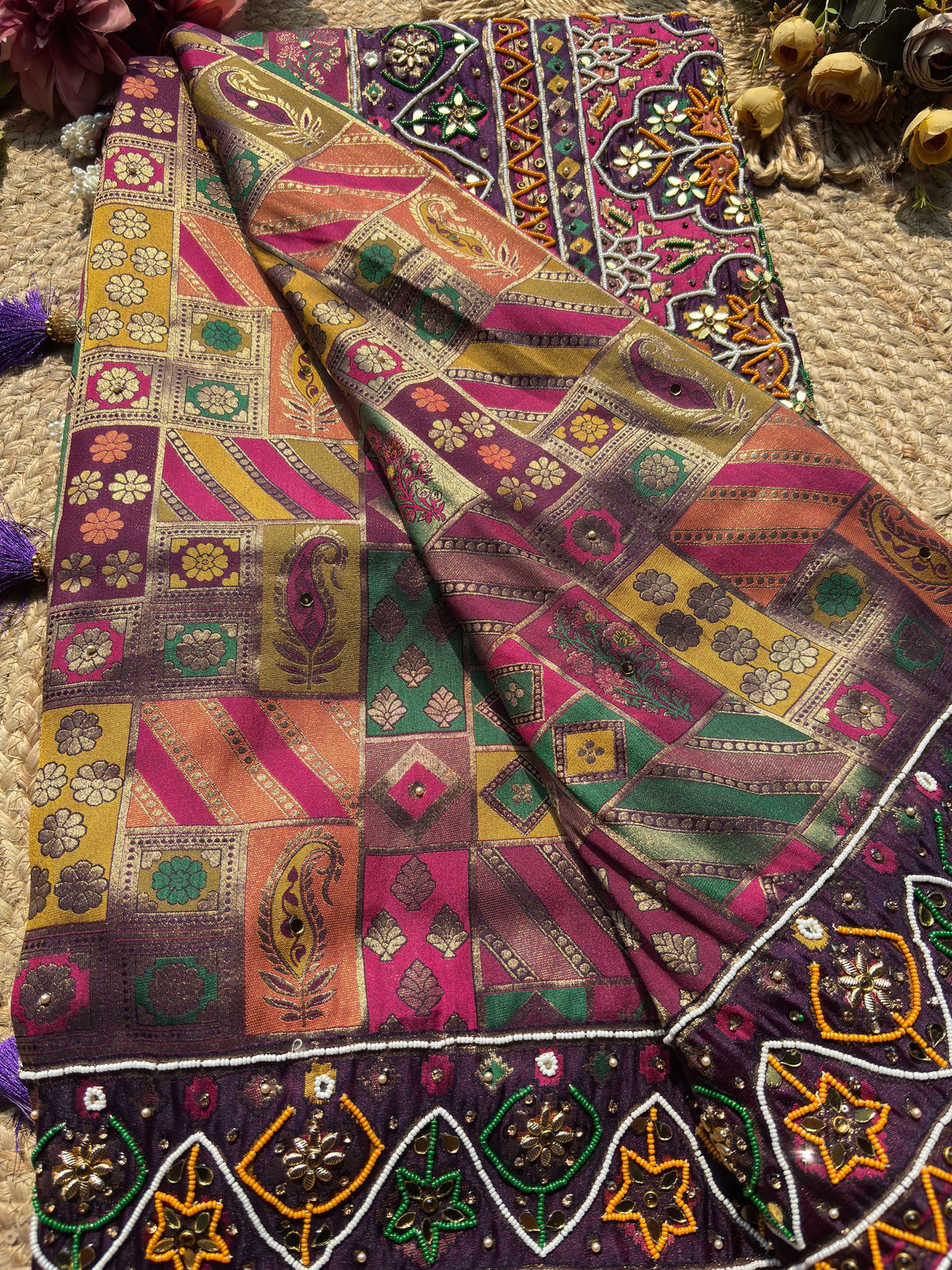 Royal Purple Multicolour Patola-Inspired Designer Saree with Floral Embroidery, Mirror Work, Geometric Motifs and Scalloped Lace Border