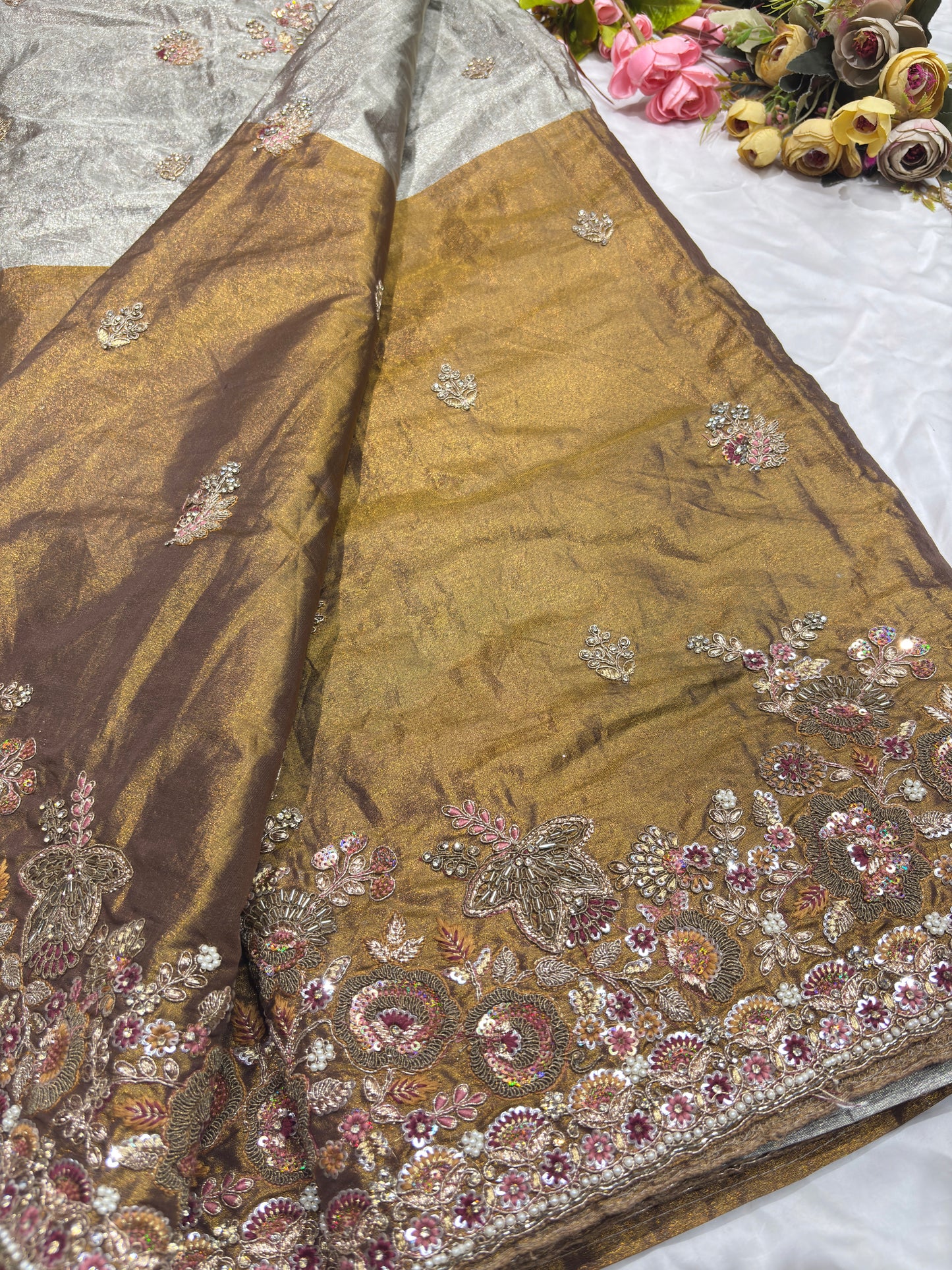 Luxury Antique Gold Saree with Heavy Floral Butterfly Embroidery