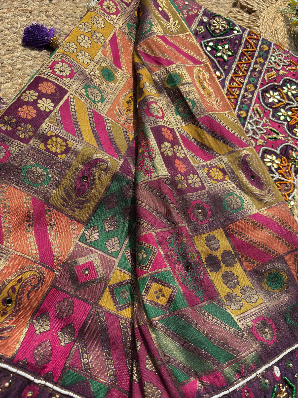 Royal Purple Multicolour Patola-Inspired Designer Saree with Floral Embroidery, Mirror Work, Geometric Motifs and Scalloped Lace Border