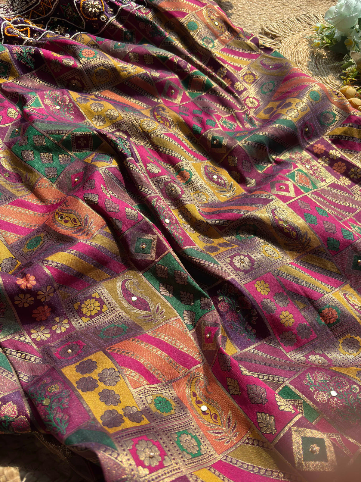 Royal Purple Multicolour Patola-Inspired Designer Saree with Floral Embroidery, Mirror Work, Geometric Motifs and Scalloped Lace Border