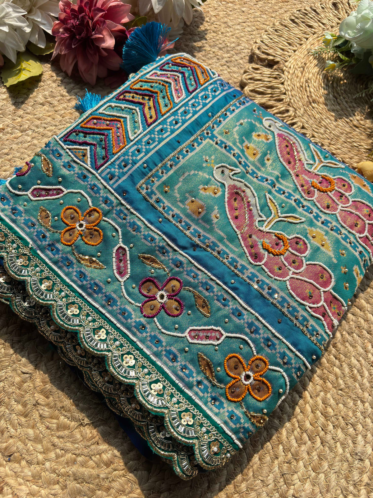 Royal Teal Blue Designer Saree with Multicolour Floral Embroidery, Mirror Work, Pearl Beadwork, Scalloped Lace Border and Tassel Detailing