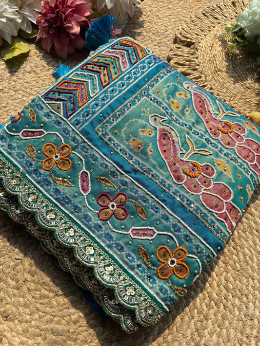 Royal Teal Blue Designer Saree with Multicolour Floral Embroidery Work