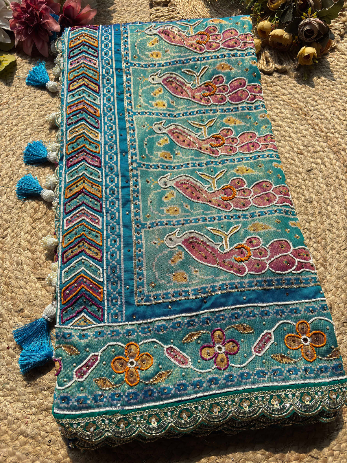 Royal Teal Blue Designer Saree with Multicolour Floral Embroidery, Mirror Work, Pearl Beadwork, Scalloped Lace Border and Tassel Detailing