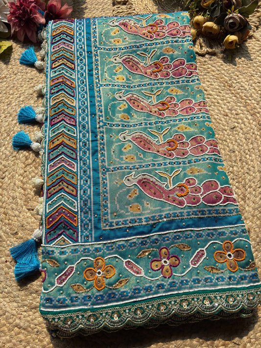 Royal Teal Blue Designer Saree with Multicolour Floral Embroidery Work