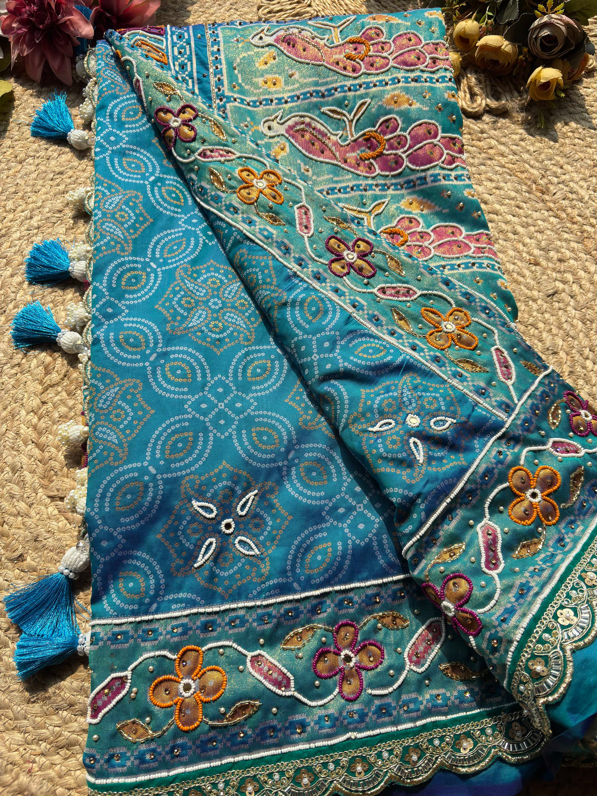 Royal Teal Blue Designer Saree with Multicolour Floral Embroidery, Mirror Work, Pearl Beadwork, Scalloped Lace Border and Tassel Detailing