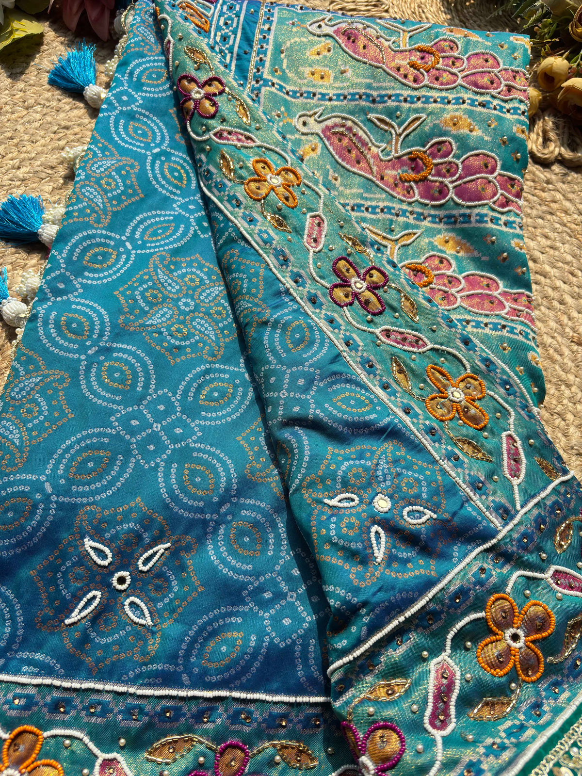 Royal Teal Blue Designer Saree with Multicolour Floral Embroidery, Mirror Work, Pearl Beadwork, Scalloped Lace Border and Tassel Detailing