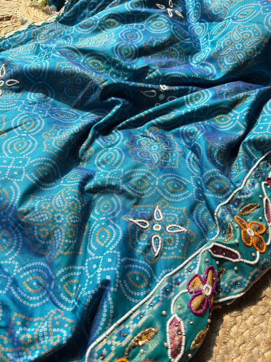 Royal Teal Blue Designer Saree with Multicolour Floral Embroidery, Mirror Work, Pearl Beadwork, Scalloped Lace Border and Tassel Detailing