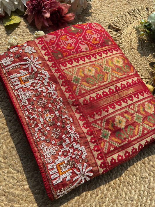 Red Patola Inspired Designer Saree with Golden Zari Style Border Work