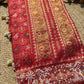 Royal Red Patola-Inspired Designer Saree with Golden Zari-Style Border, Multicolour Floral Motifs, Intricate White Beadwork and Pearl Tassel Detailing