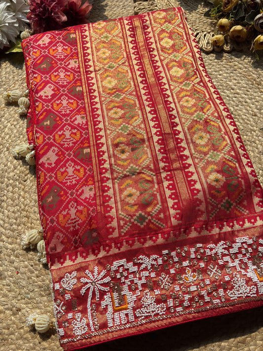 Red Patola Inspired Designer Saree with Golden Zari Style Border Work