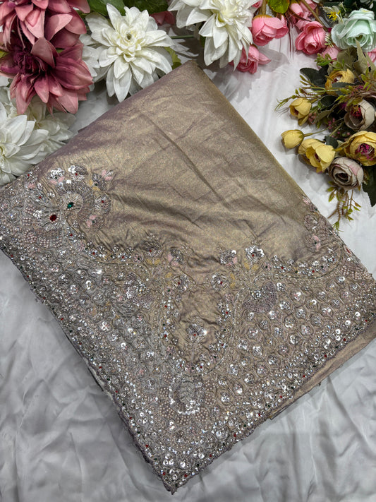 Luxury Champagne Gold Saree with Heavy Sequin, Pearl & Zari Embroidery
