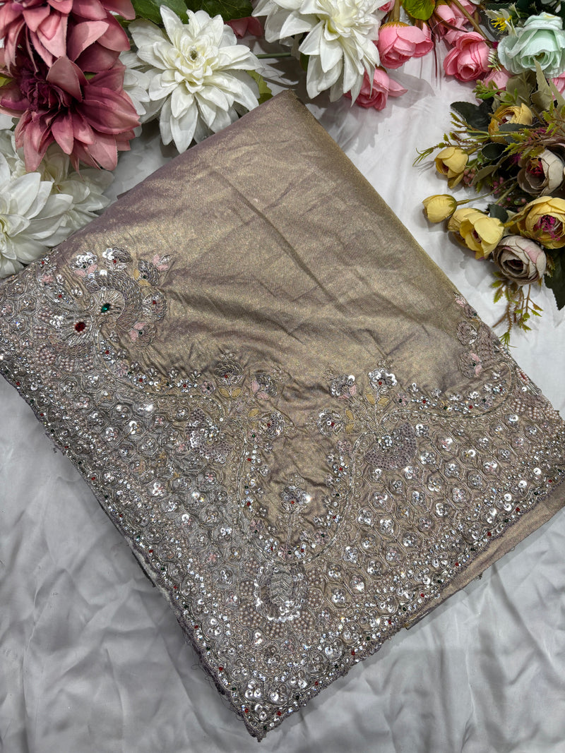 Luxury Champagne Gold Saree with Heavy Sequin, Pearl & Zari Embroidery