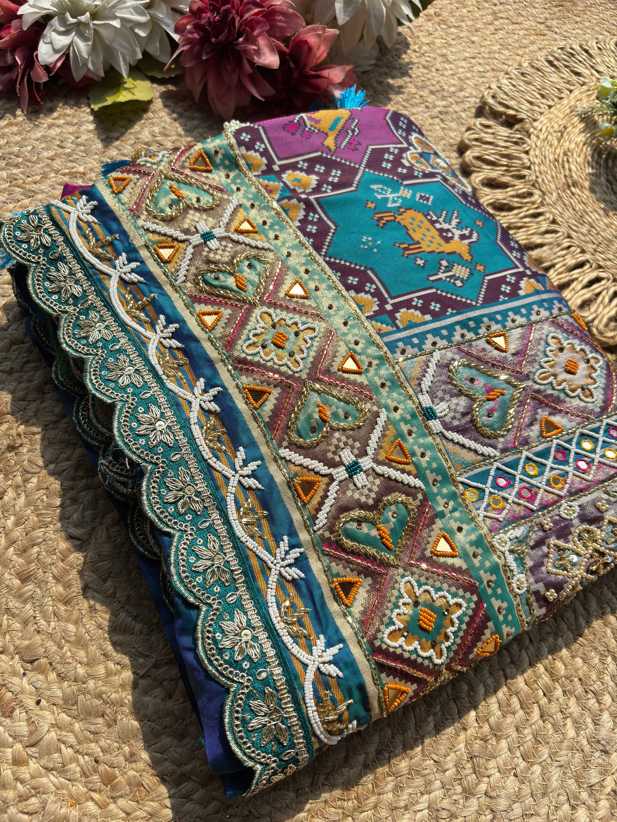 Royal Teal Blue Multicolour Patola-Inspired Designer Saree with Bird Motifs, Floral Embroidery, Mirror Work, Pearl Beadwork and Scalloped Lace Border