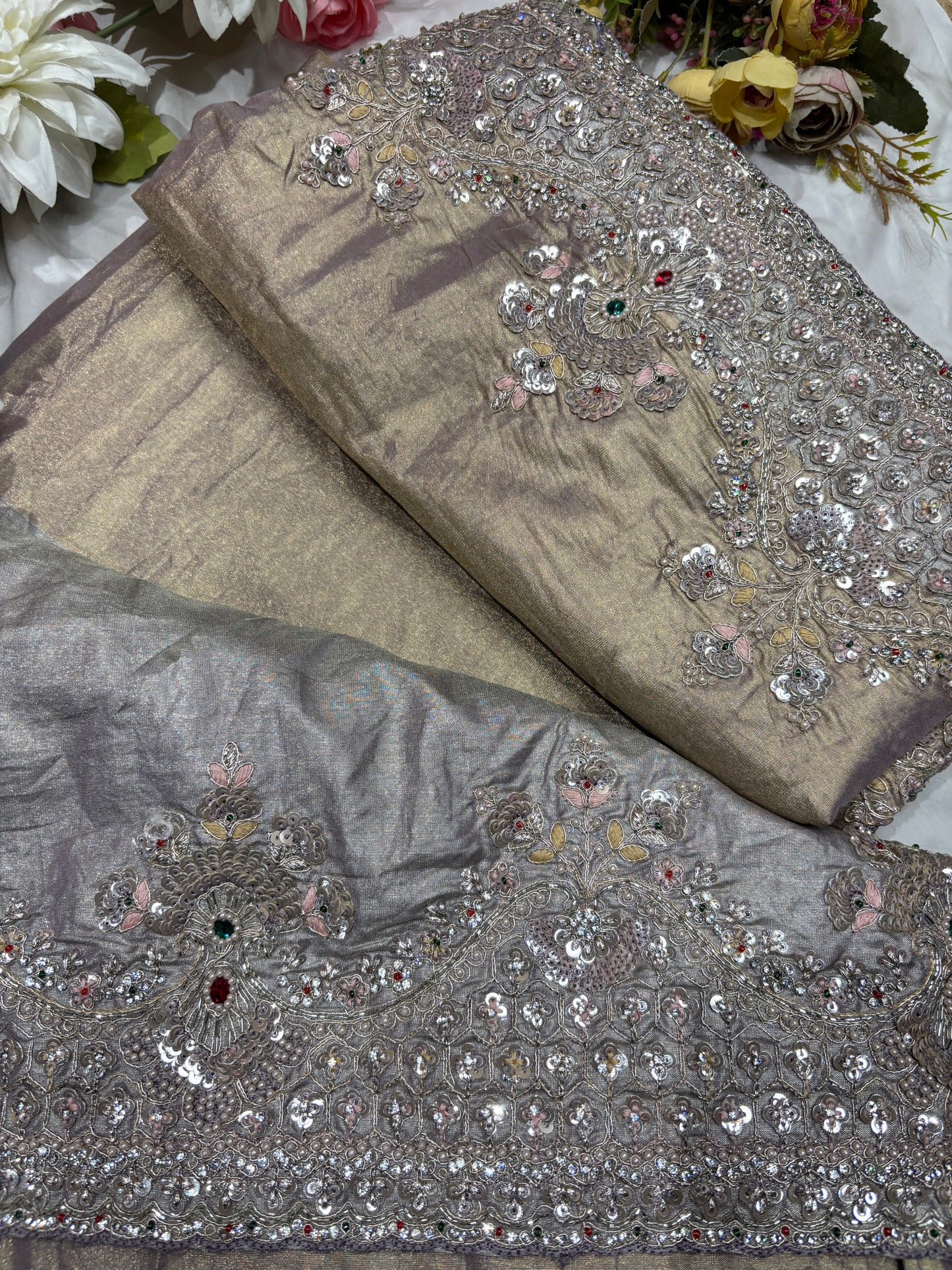 Luxury Champagne Gold Saree with Heavy Sequin, Pearl & Zari Embroidery