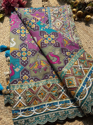 Teal Blue Multicolour Patola Inspired Designer Saree with Bird Motifs Work