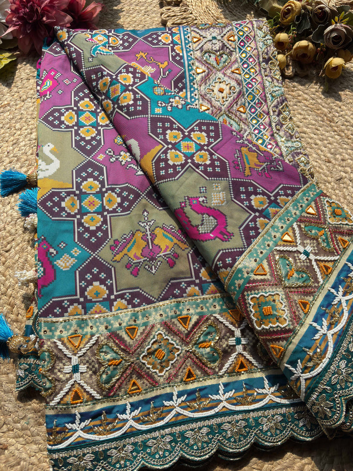 Teal Blue Multicolour Patola Inspired Designer Saree with Bird Motifs Work