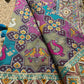 Royal Teal Blue Multicolour Patola-Inspired Designer Saree with Bird Motifs, Floral Embroidery, Mirror Work, Pearl Beadwork and Scalloped Lace Border