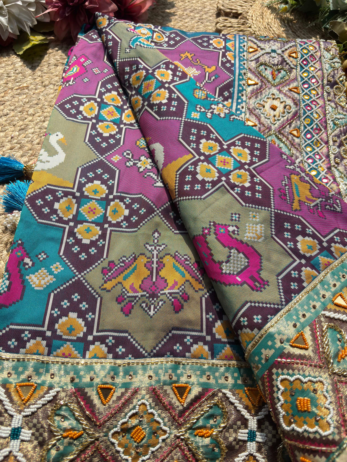 Royal Teal Blue Multicolour Patola-Inspired Designer Saree with Bird Motifs, Floral Embroidery, Mirror Work, Pearl Beadwork and Scalloped Lace Border