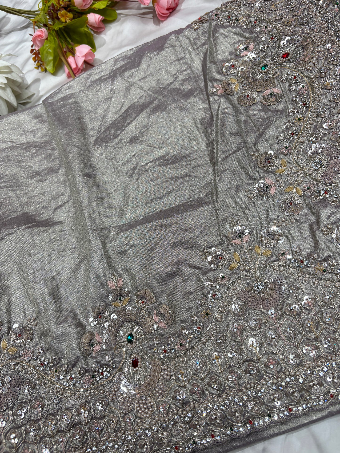 Luxury Champagne Gold Saree with Heavy Sequin, Pearl & Zari Embroidery