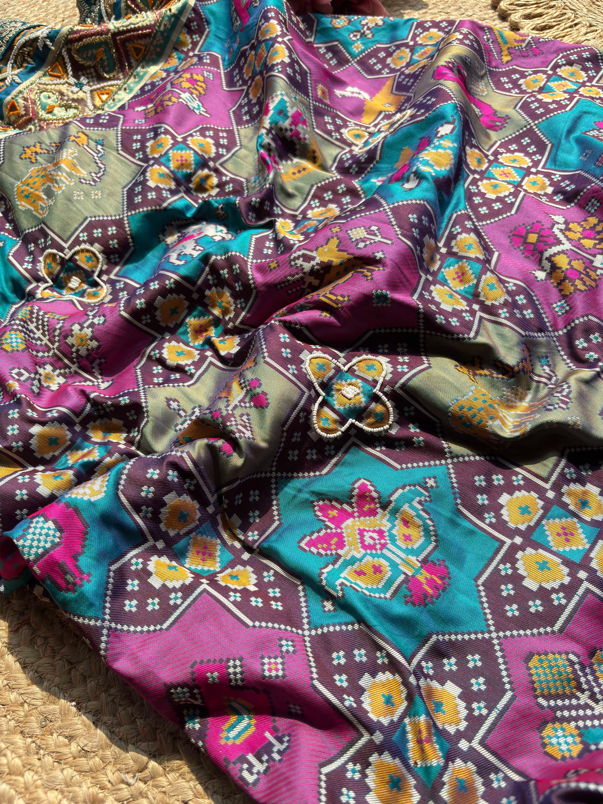 Royal Teal Blue Multicolour Patola-Inspired Designer Saree with Bird Motifs, Floral Embroidery, Mirror Work, Pearl Beadwork and Scalloped Lace Border