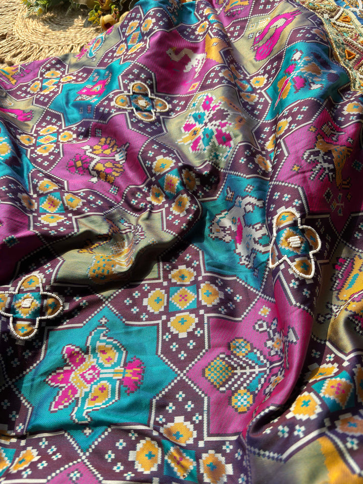 Royal Teal Blue Multicolour Patola-Inspired Designer Saree with Bird Motifs, Floral Embroidery, Mirror Work, Pearl Beadwork and Scalloped Lace Border