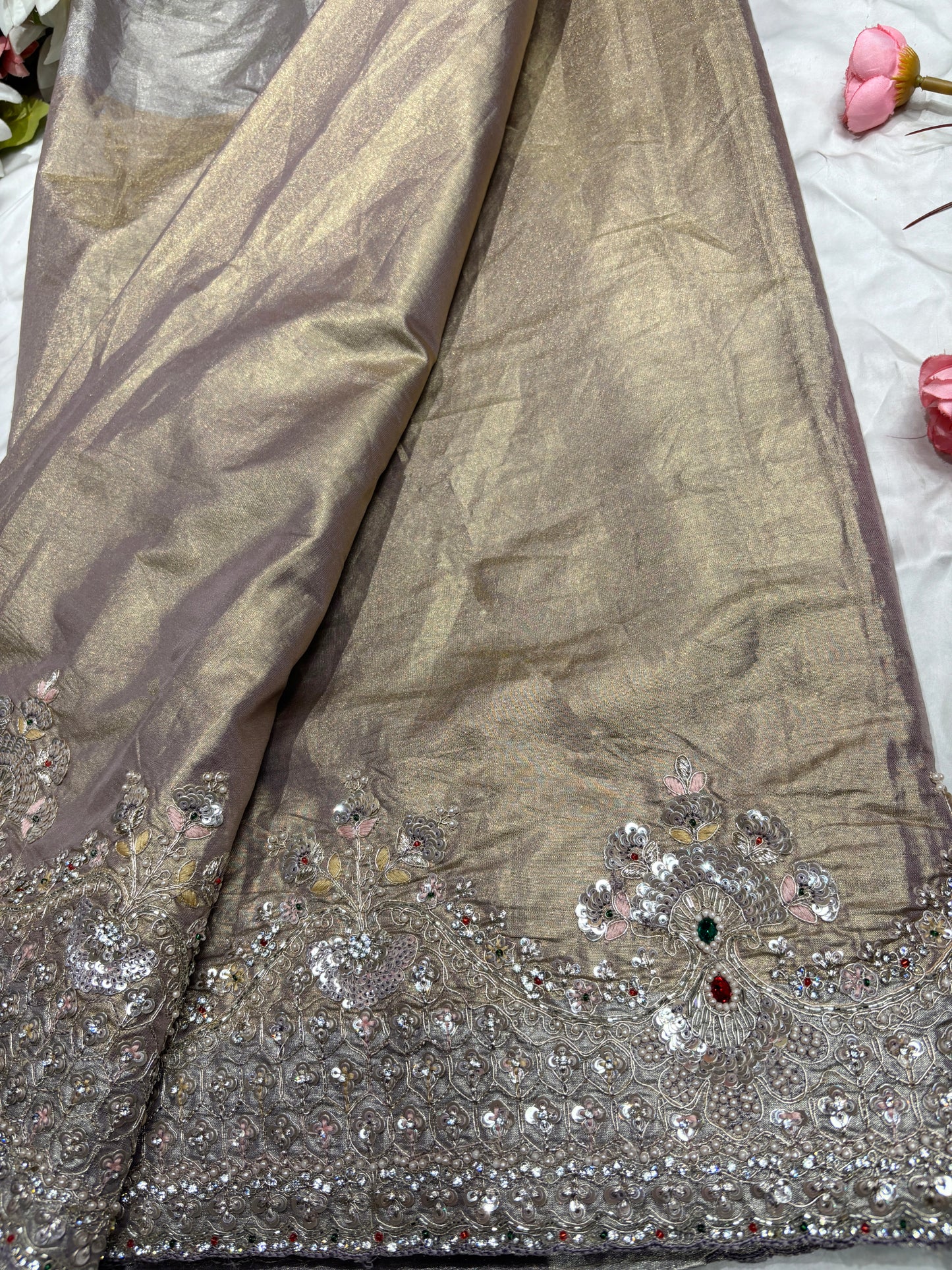 Luxury Champagne Gold Saree with Heavy Sequin, Pearl & Zari Embroidery