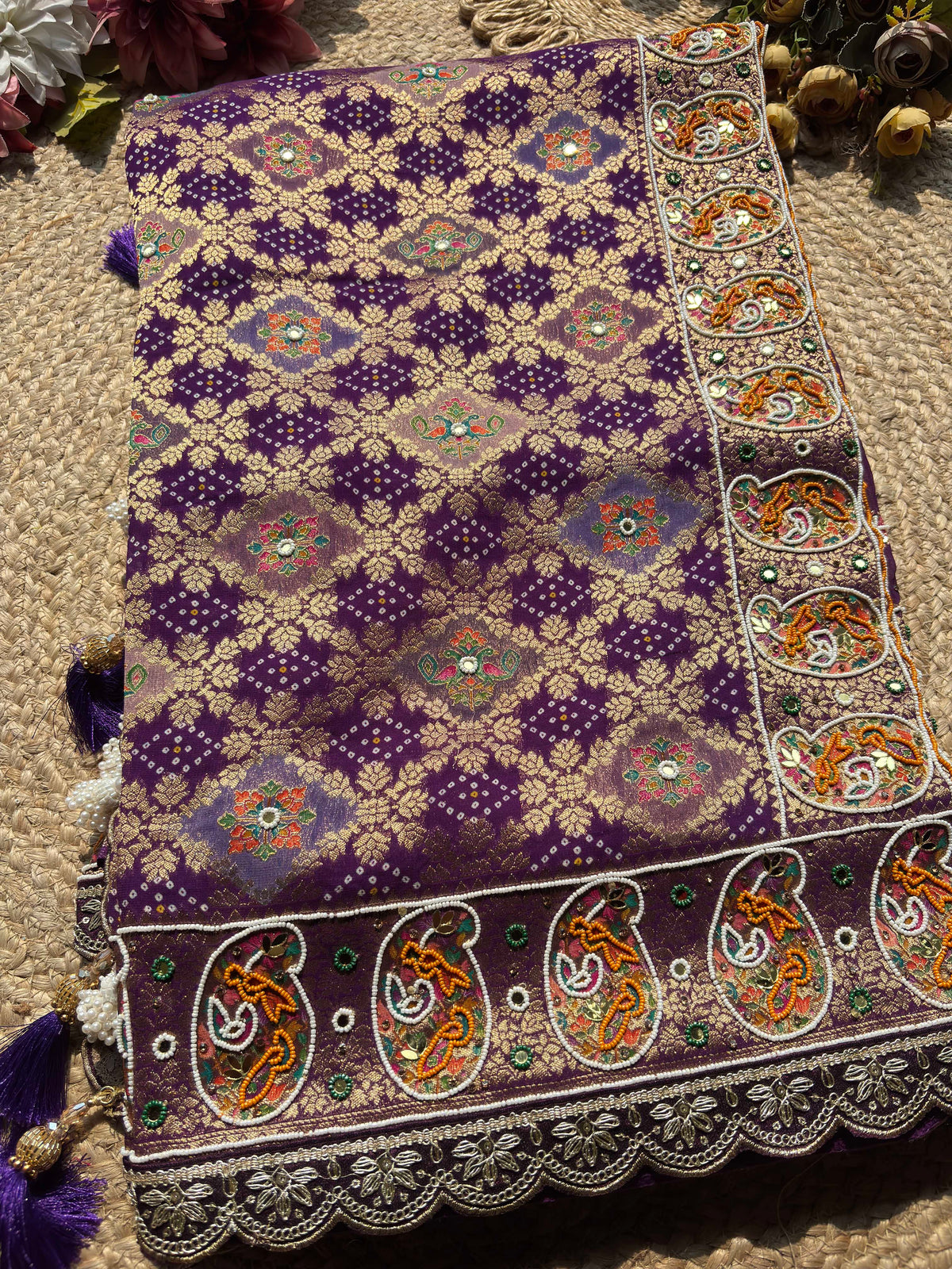 Purple Gold Zari Designer Saree with Traditional Floral Motifs Work