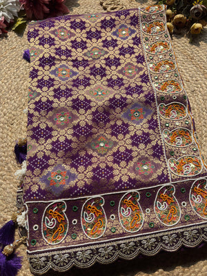 Purple Gold Zari Designer Saree with Traditional Floral Motifs Work