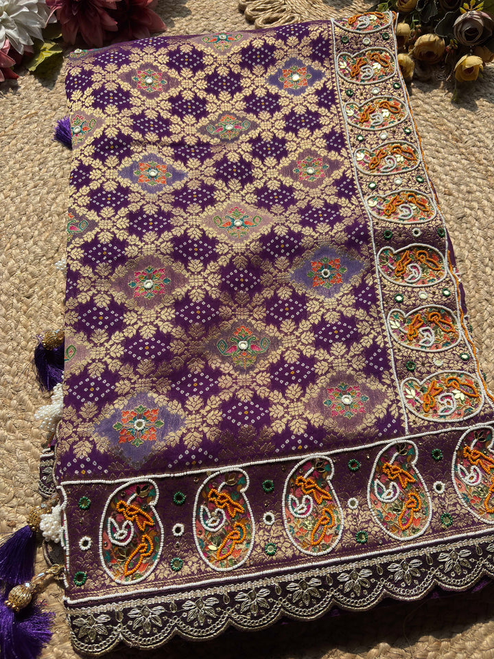Purple Gold Zari Designer Saree with Traditional Floral Motifs Work