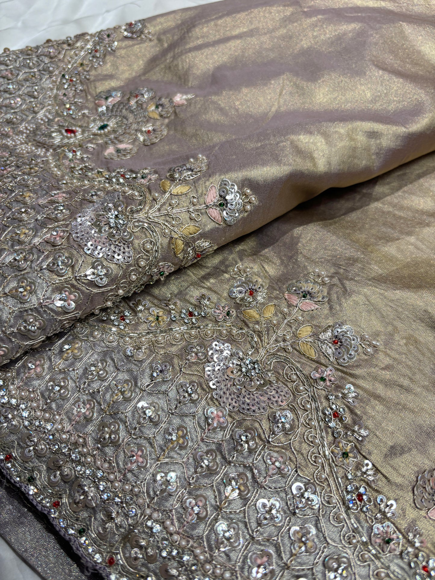 Luxury Champagne Gold Saree with Heavy Sequin, Pearl & Zari Embroidery