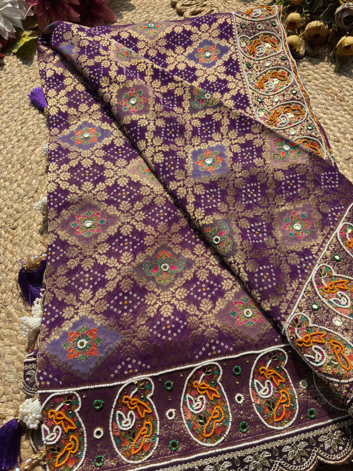Purple Gold Zari Designer Saree with Traditional Floral Motifs Work