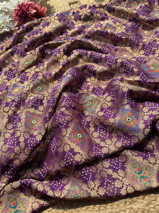Royal Purple Gold Zari Designer Saree with Traditional Floral Motifs, Intricate Paisley Embroidery, Pearl Beadwork, Mirror Accents and Scalloped Lace Border