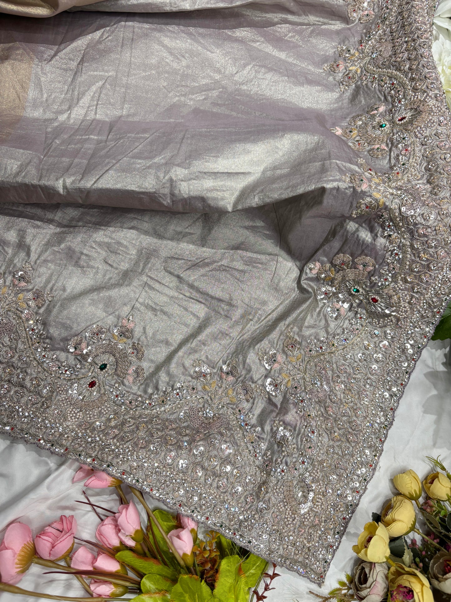 Luxury Champagne Gold Saree with Heavy Sequin, Pearl & Zari Embroidery