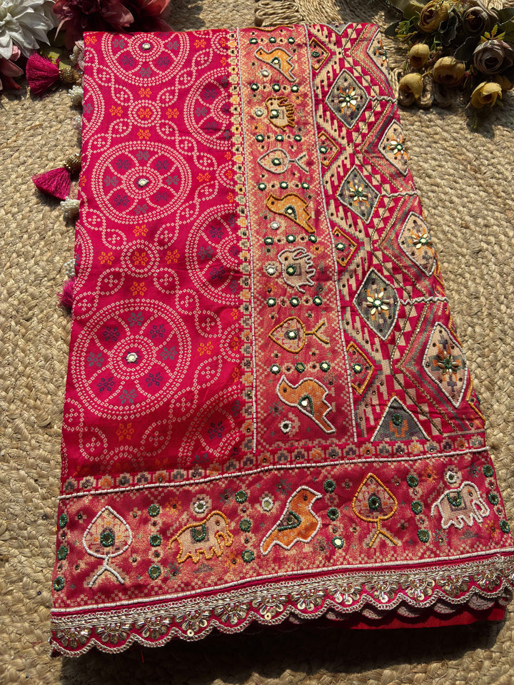 Rani Pink Bandhani Designer Saree with Traditional Elephant Motifs Work
