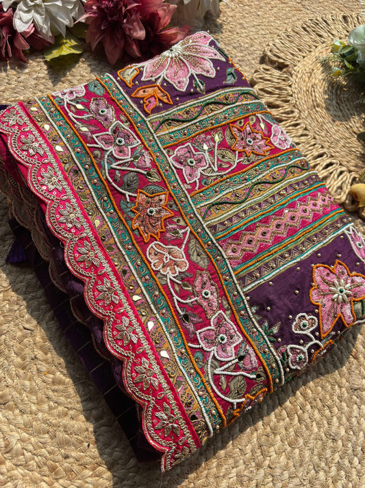 Royal Plum Purple and Rani Pink Designer Saree with Intricate Floral Embroidery, Pearl Beadwork, Mirror Embellishments, Multicolour Threadwork and Scalloped Gold Lace Border