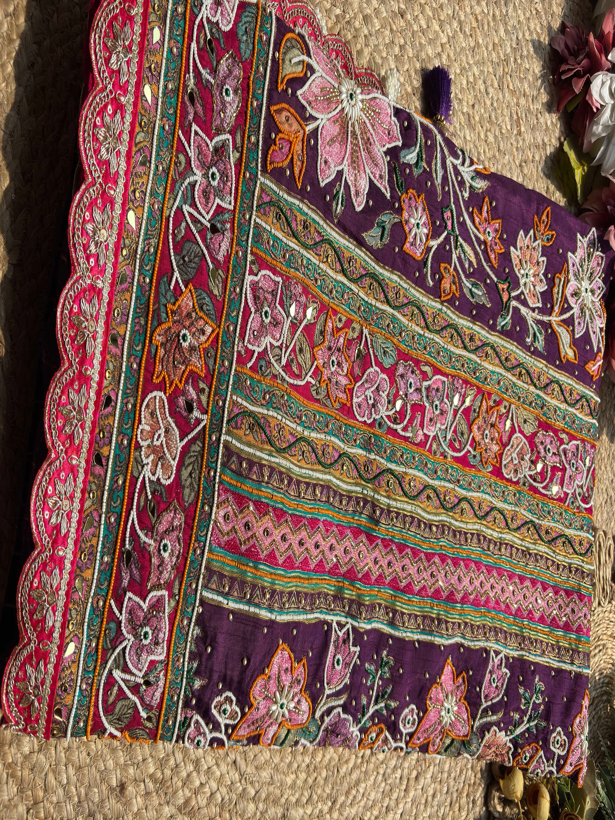 Royal Plum Purple and Rani Pink Designer Saree with Intricate Floral Embroidery, Pearl Beadwork, Mirror Embellishments, Multicolour Threadwork and Scalloped Gold Lace Border