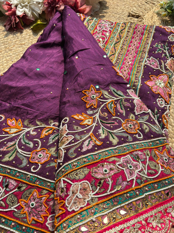 Wine Designer Patola Saree with Intricate Floral Embroidery Work
