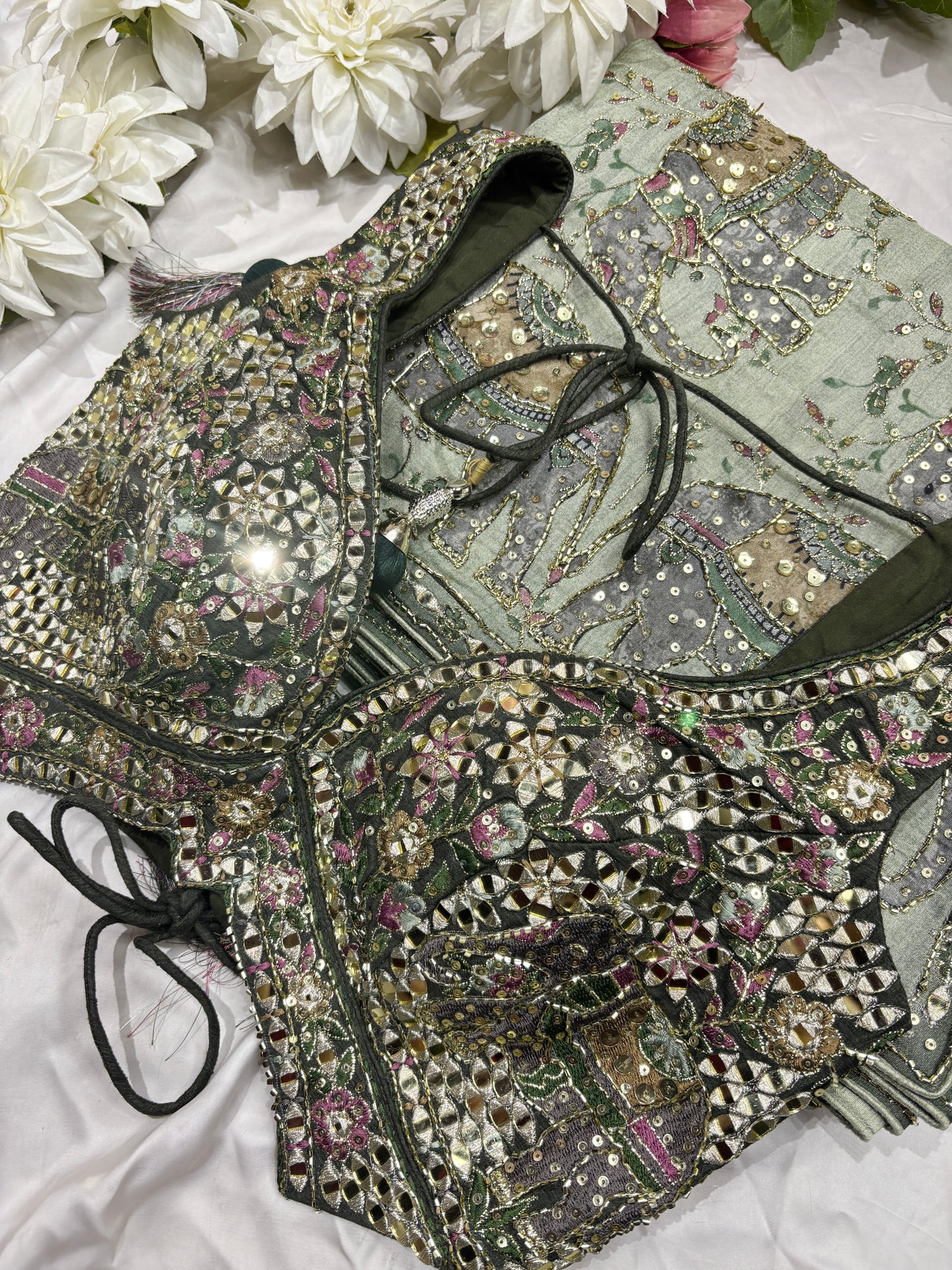 Luxury Green Mirror Work Designer Saree with Heavy Hand Embroidered