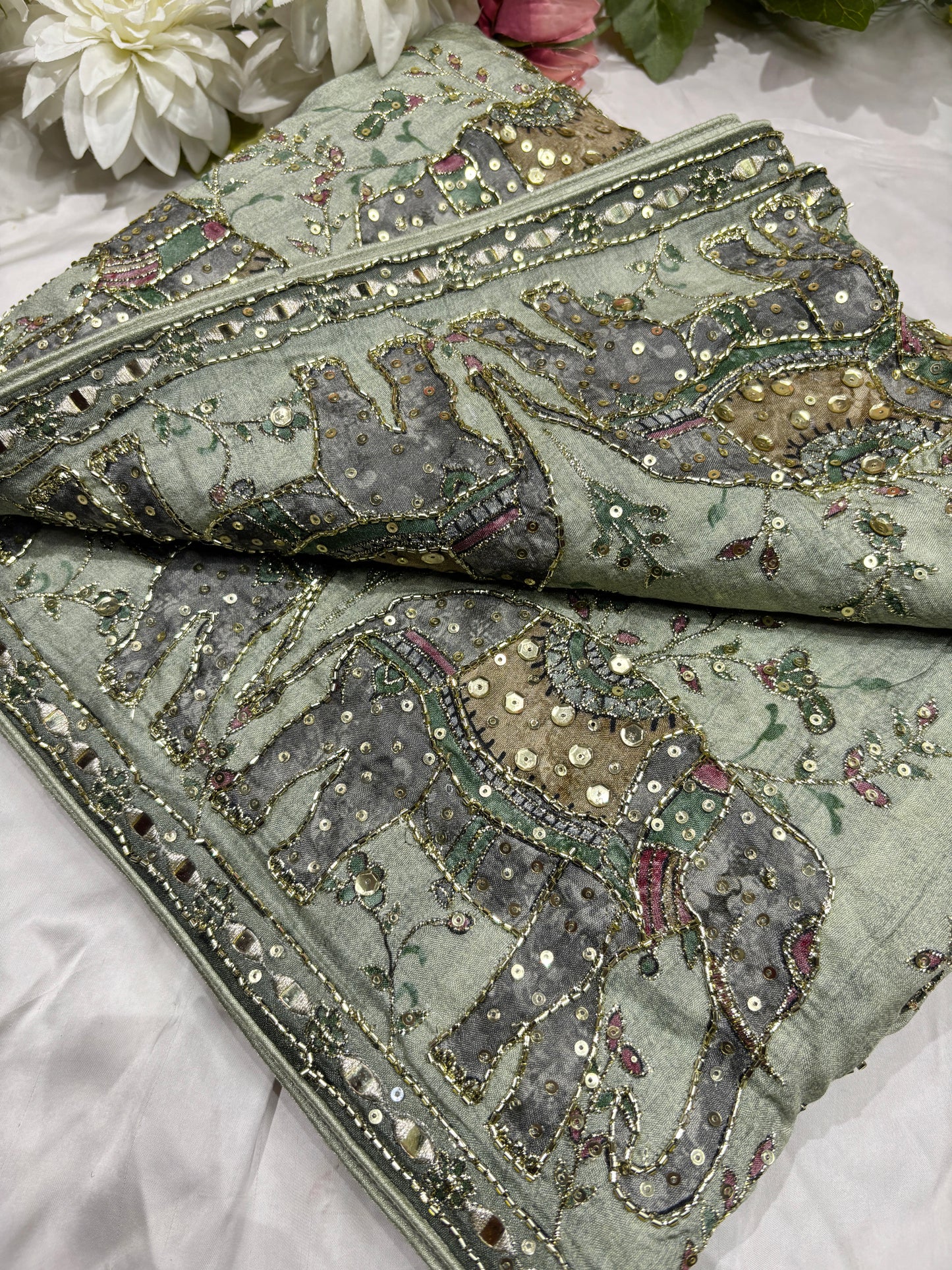 Luxury Green Mirror Work Designer Saree with Heavy Hand Embroidered