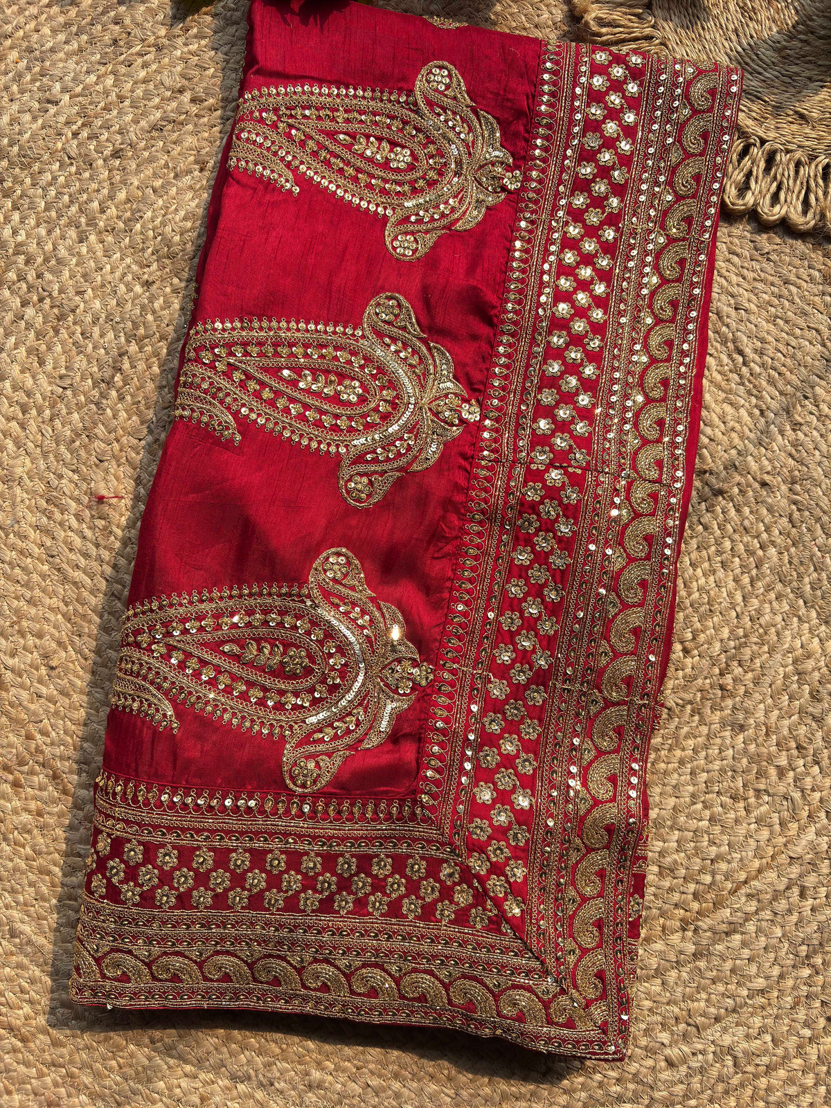 Designer Saree with Intricate Golden Paisley Embroidery, Shimmering Sequin Work