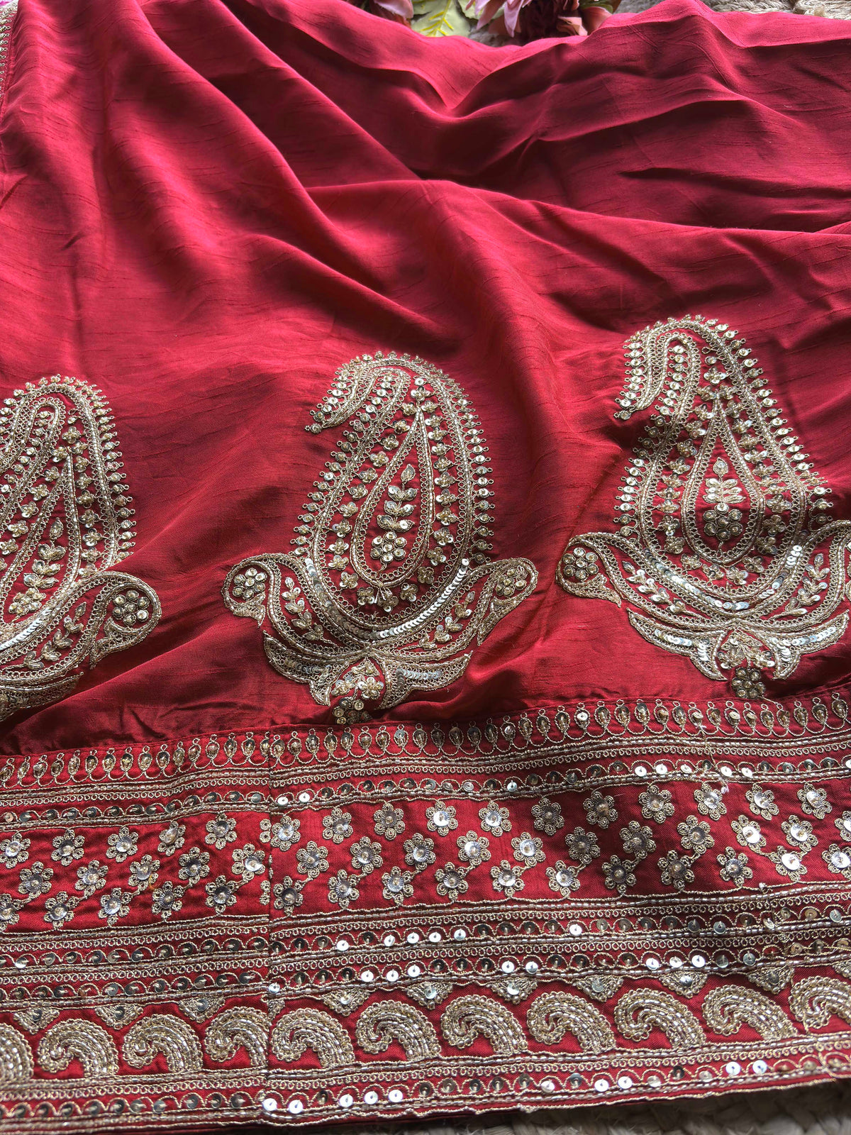Designer Saree with Intricate Golden Paisley Embroidery, Shimmering Sequin Work