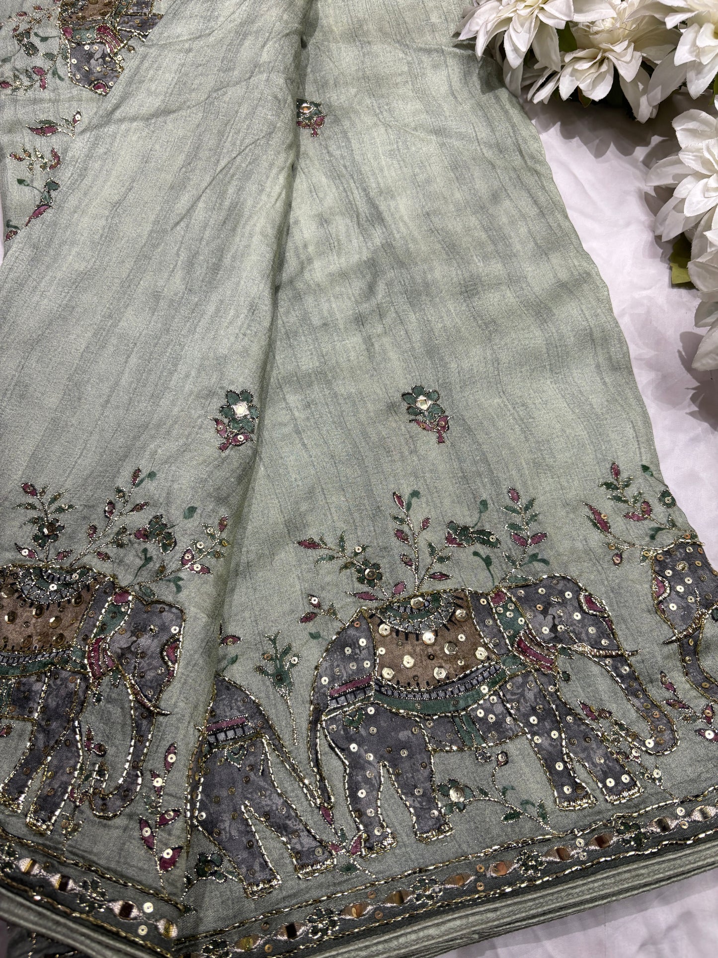 Luxury Green Mirror Work Designer Saree with Heavy Hand Embroidered