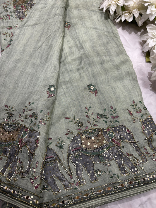 Luxury Green Mirror Work Designer Saree with Heavy Hand Embroidered