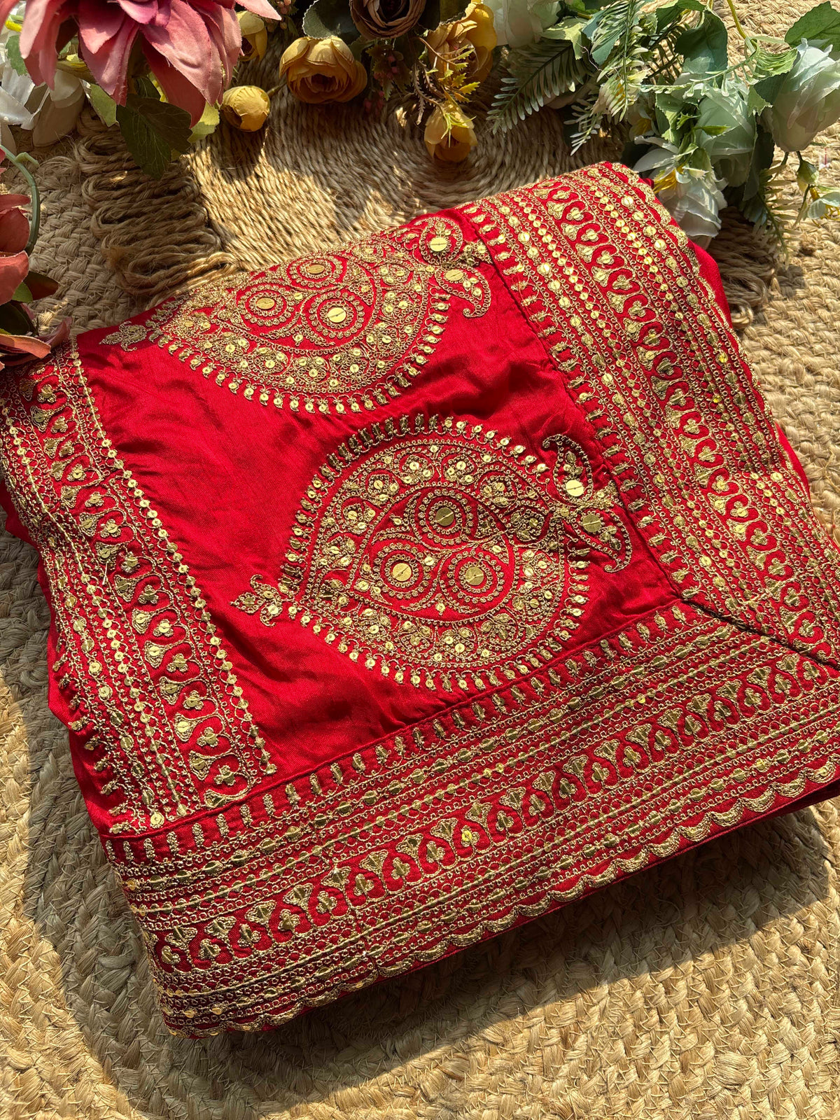 Royal Red Bridal Saree with Gold Peacock Embroidery & Sequin Work