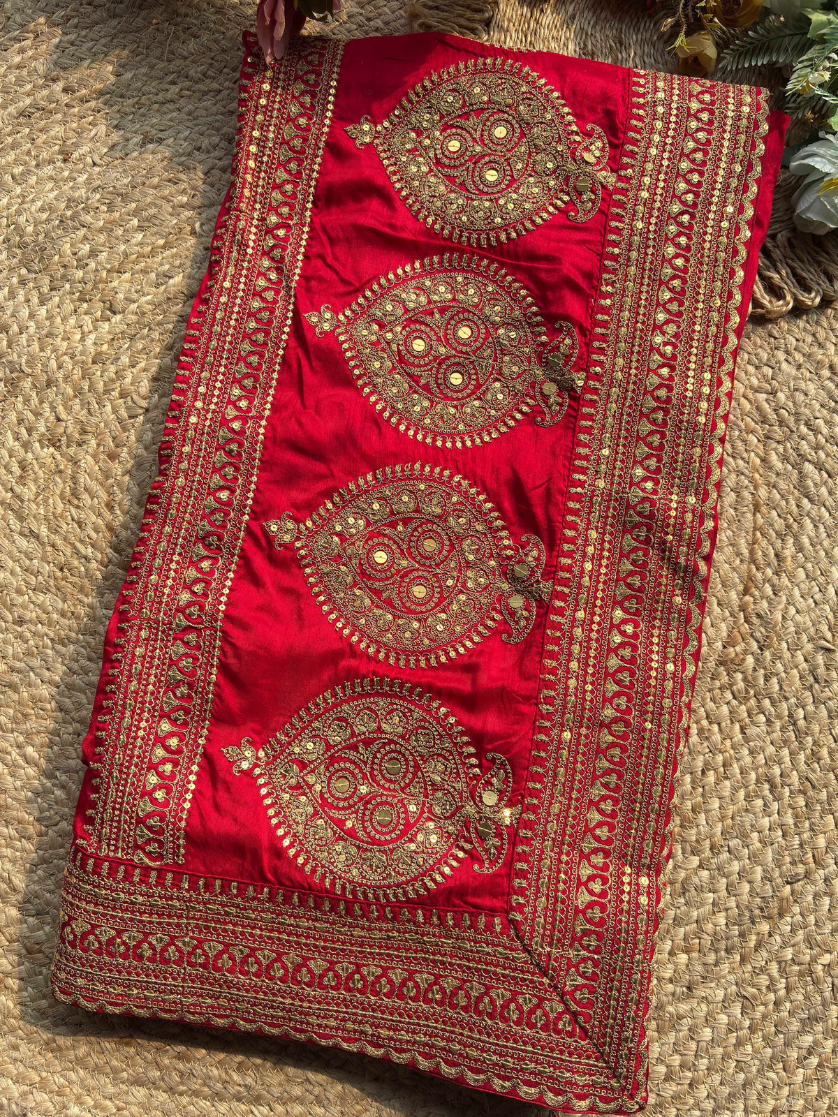 Royal Red Bridal Saree with Gold Peacock Embroidery & Sequin Work