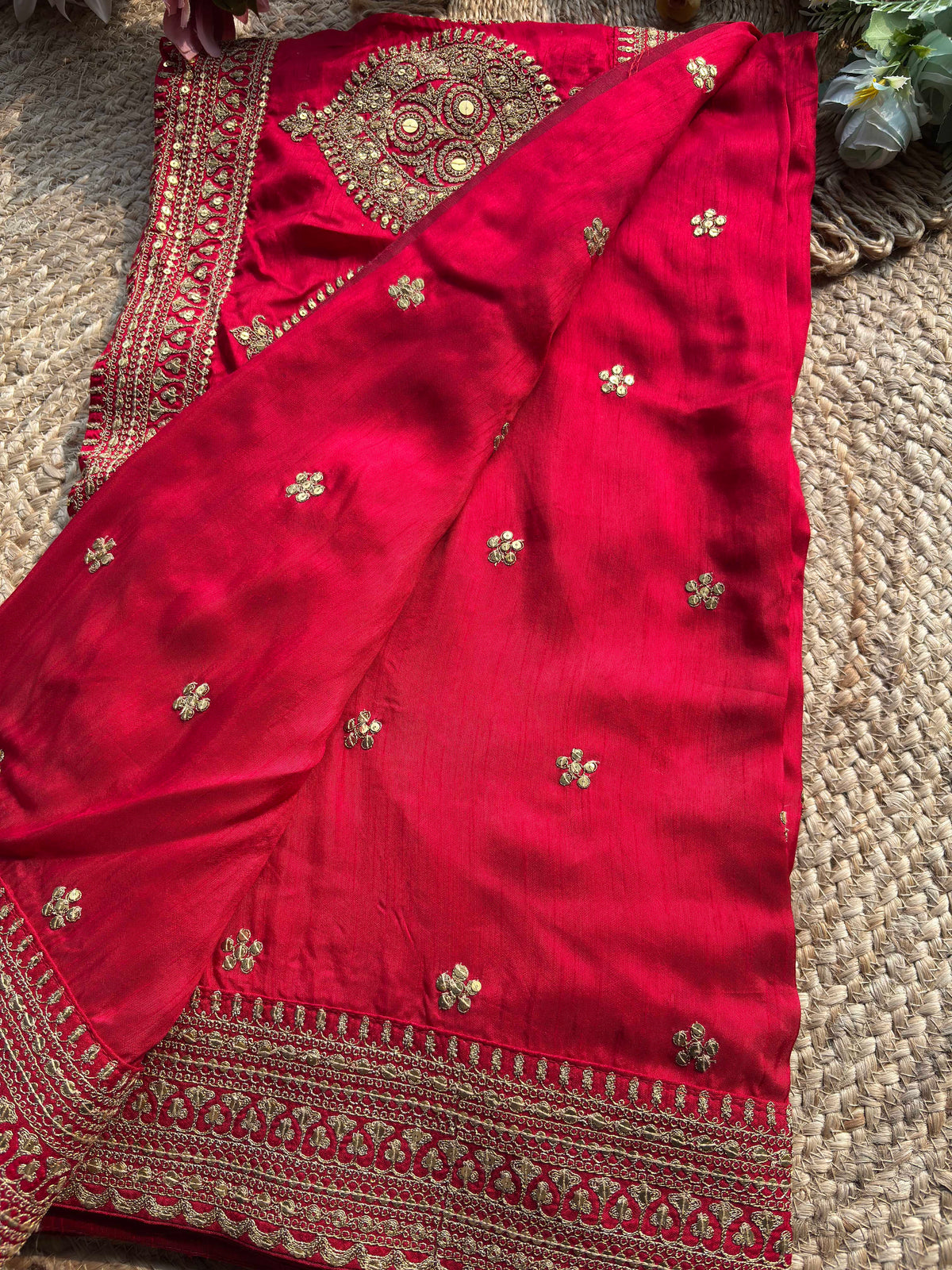 Royal Red Bridal Saree with Gold Peacock Embroidery & Sequin Work