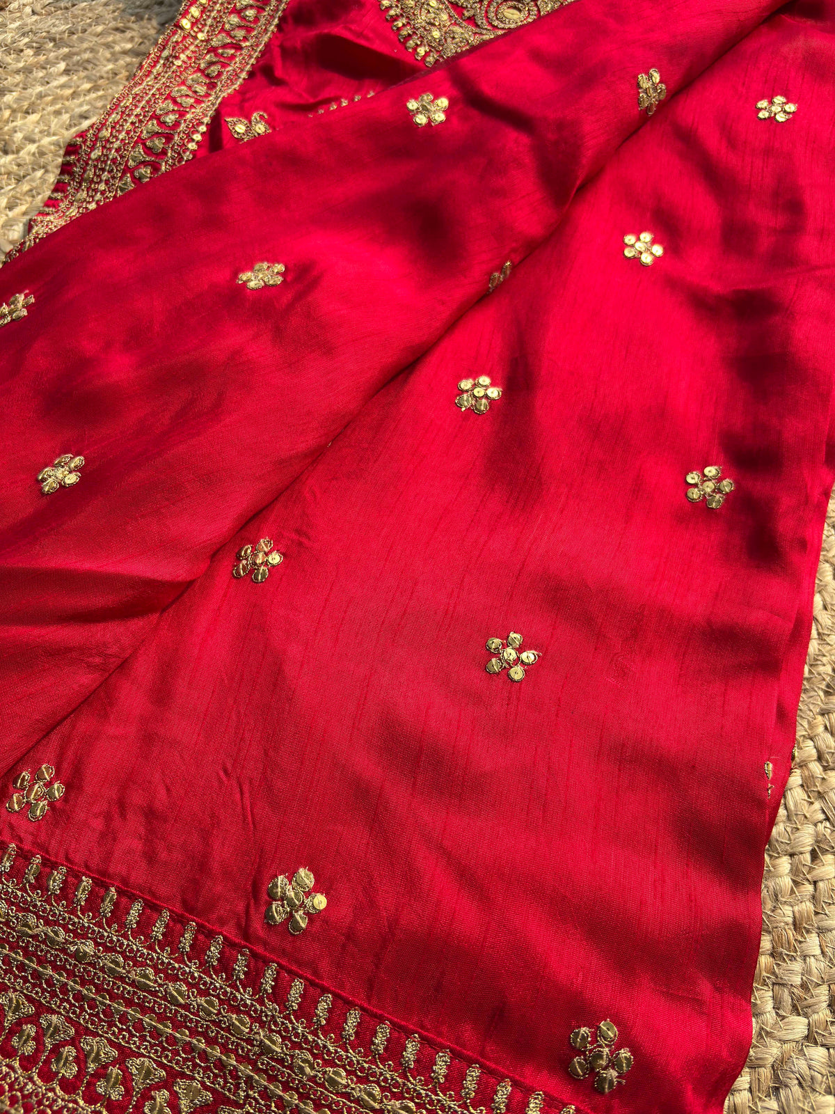 Royal Red Bridal Saree with Gold Peacock Embroidery & Sequin Work