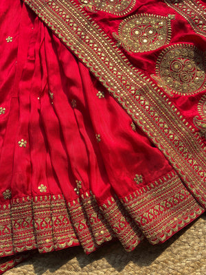Royal Red Bridal Saree with Gold Peacock Embroidery & Sequin Work
