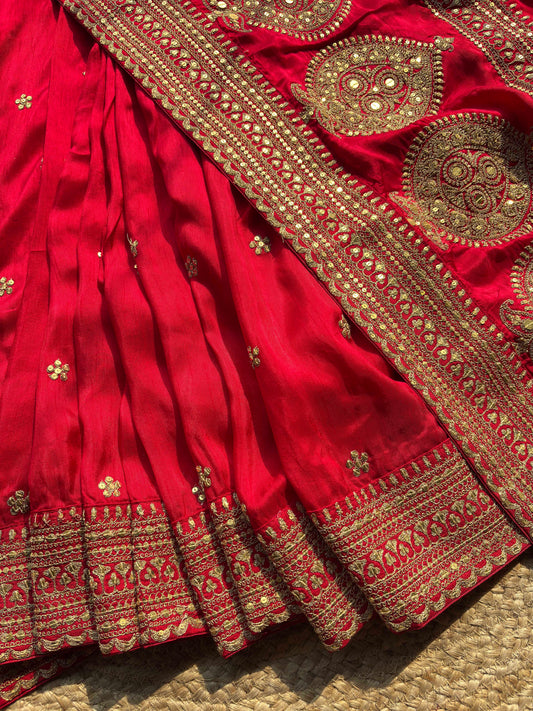 Royal Red Bridal Saree with Gold Peacock Embroidery & Sequin Work