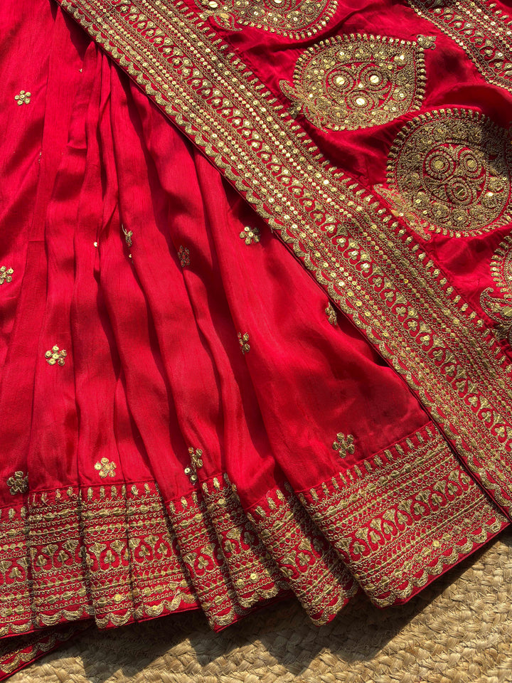 Royal Red Bridal Saree with Gold Peacock Embroidery & Sequin Work